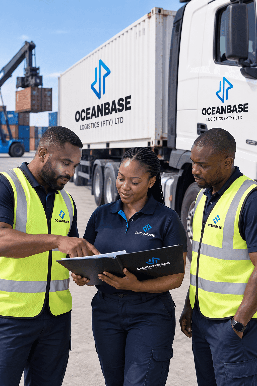 Oceanbase logistics team reviewing a shipment beside a loaded truck