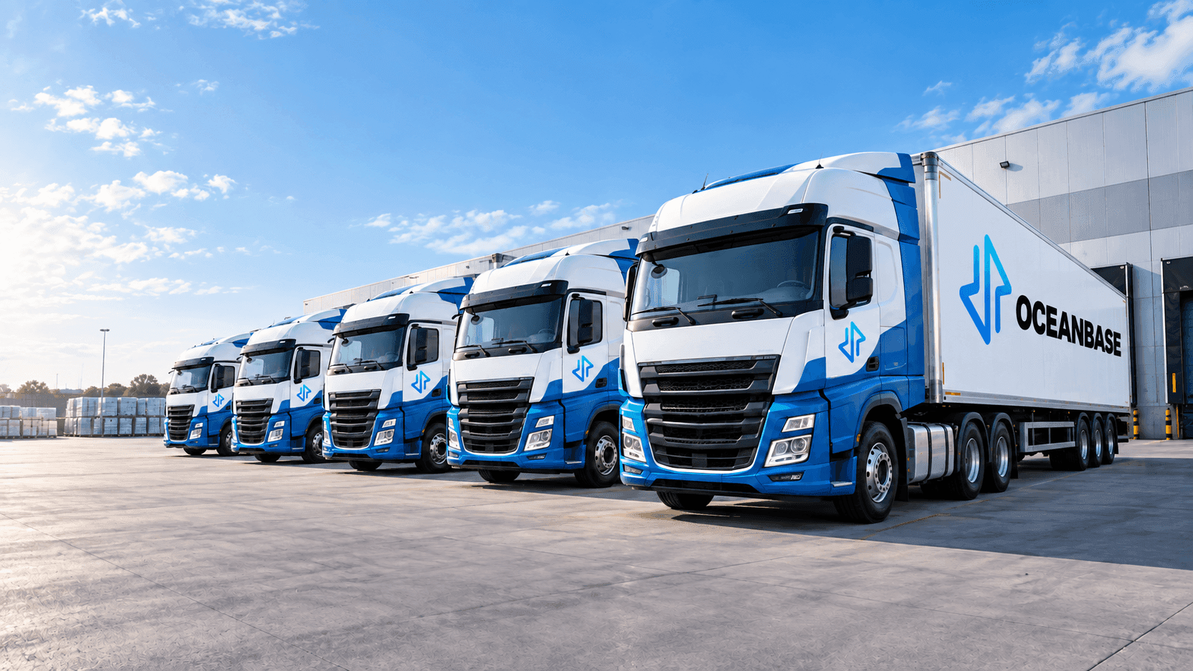 A line of Oceanbase-blue trucks parked at a distribution warehouse